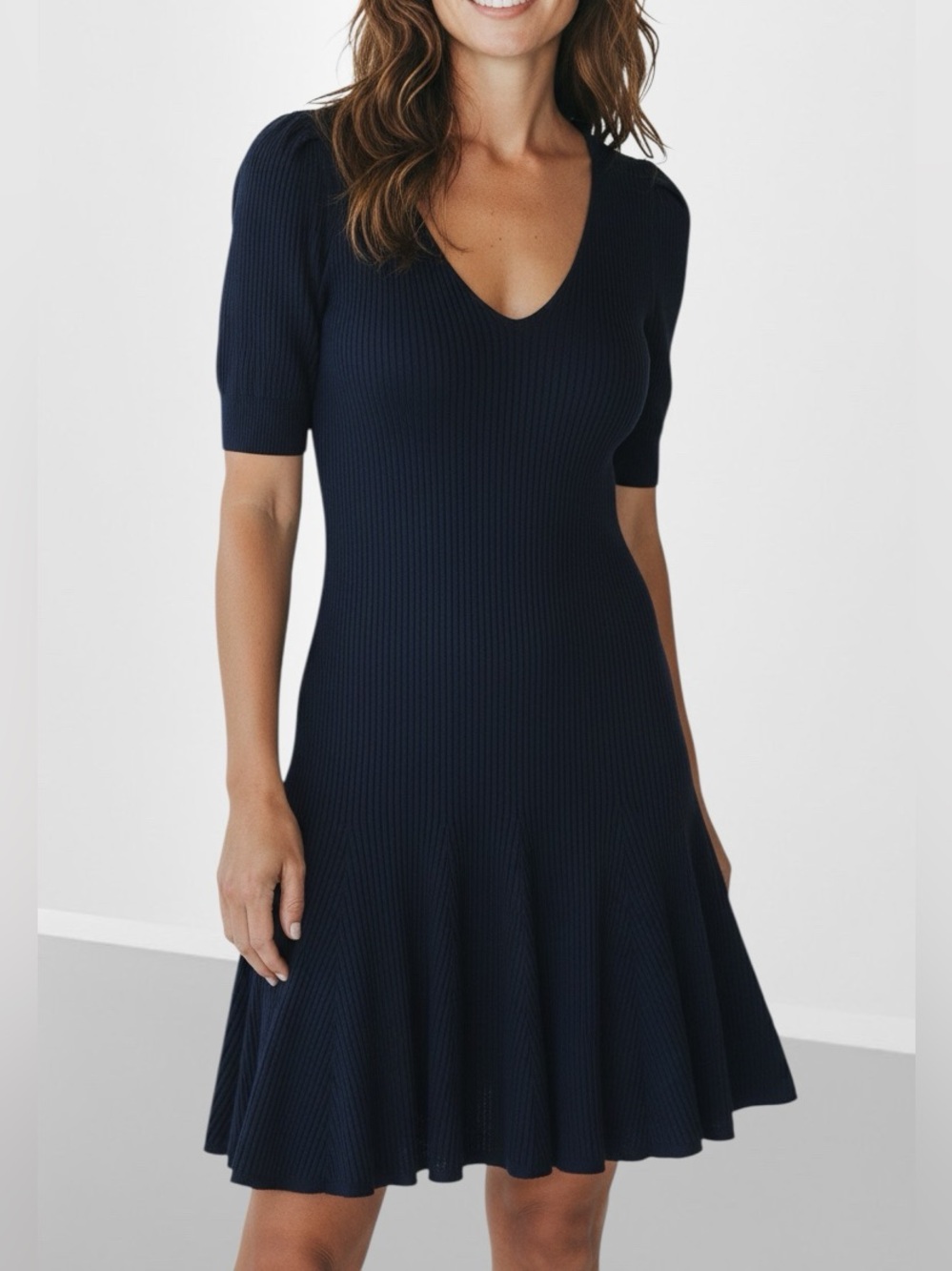 Polo Ralph Lauren Black V-Neck Short Sleeve Ribbed Knit Flare Mini Dress Y2K